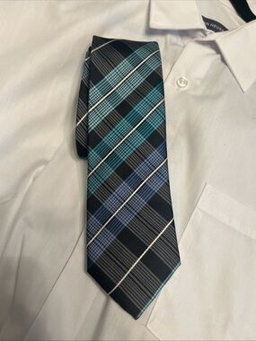 Black Plaid Tie with Teal and Blue Accents - Men’s Dress Tie